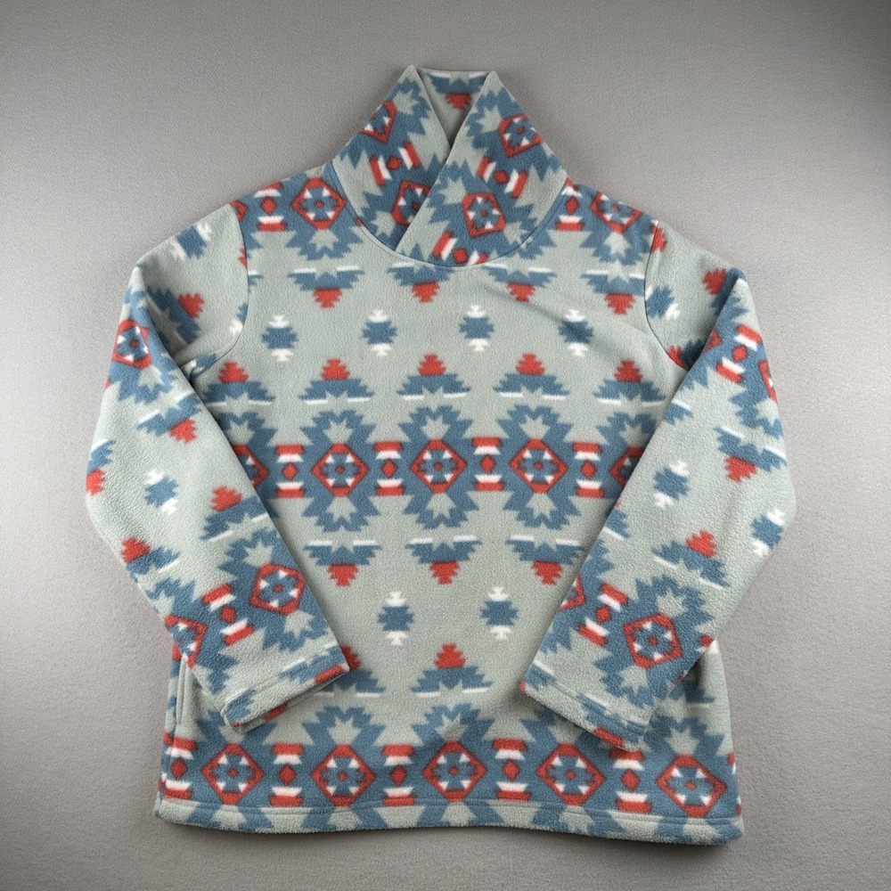 Cowgirl Legend Fleece Pullover Womens L Blue Red Southwestern Shawl Neck Pockets